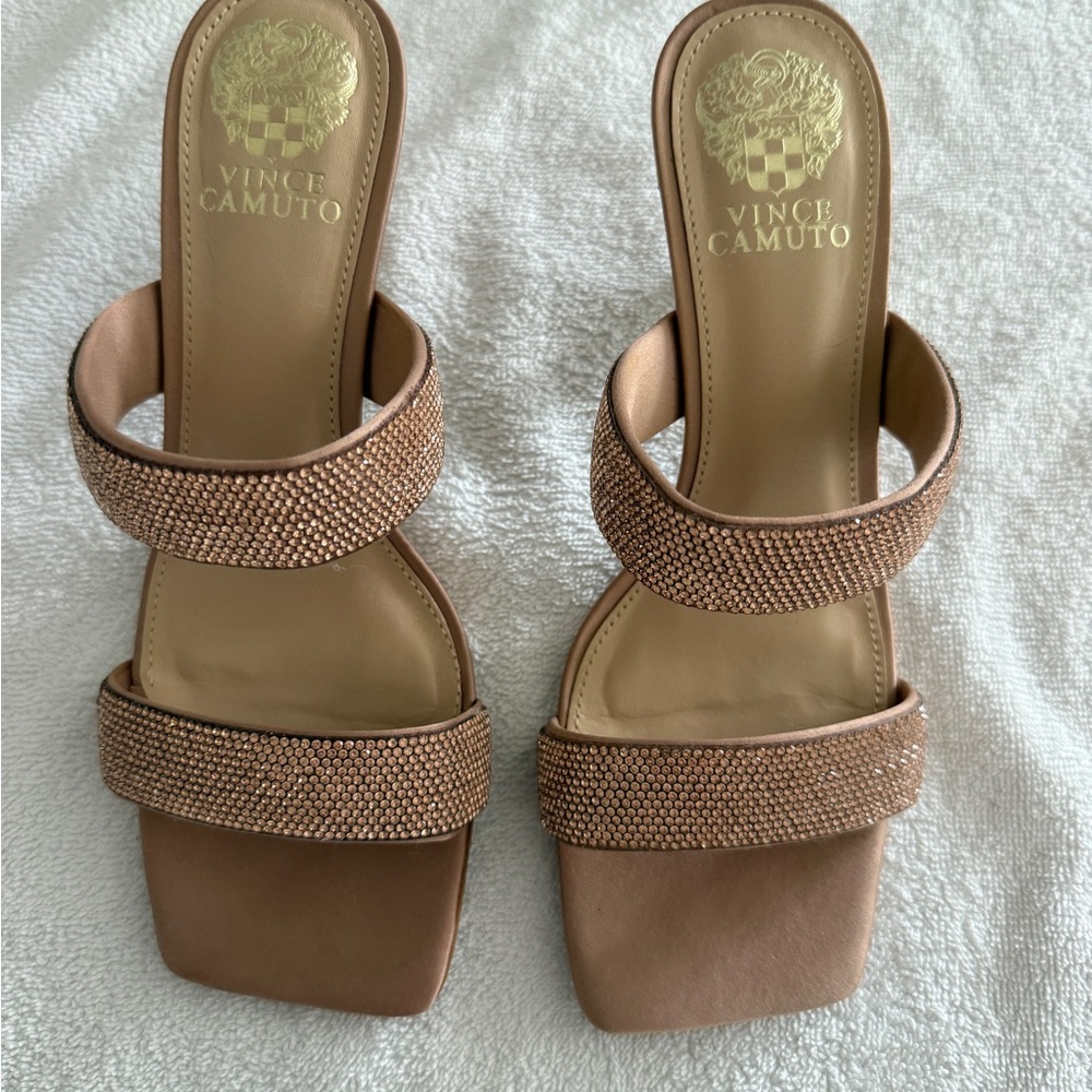 Vince Camuto Rose Gold Rhinsetone Embellished Aslee Square Toe Heels